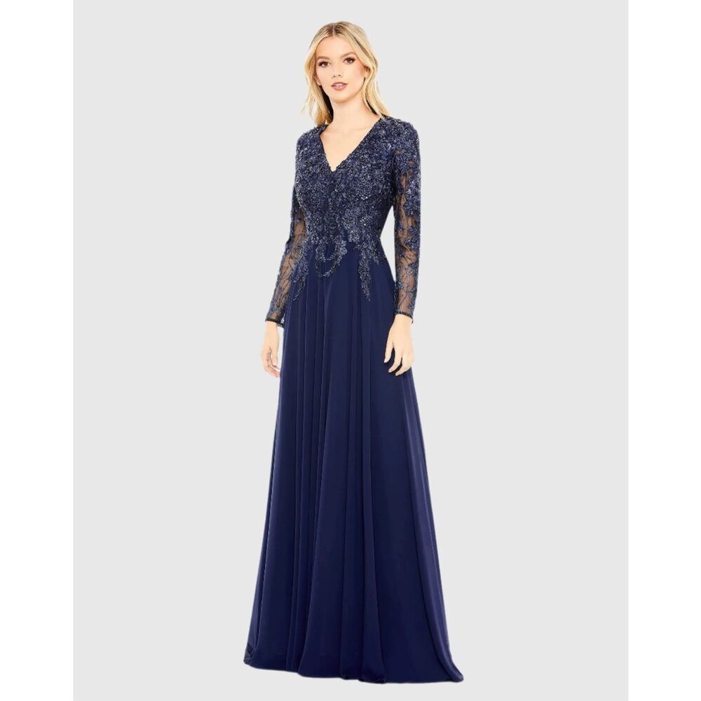 Mac Duggal Navy Blue Long Sleeve Embellished Maxi Dress